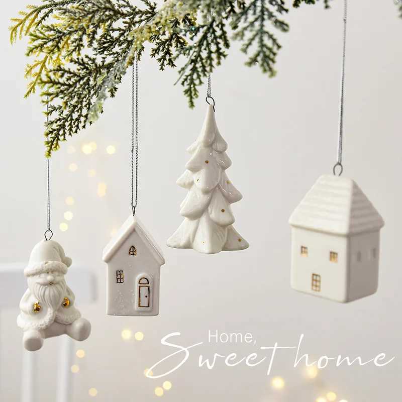 Decorations Nordic Ceramics Decorative Crafts Ceramic Mini Snow Pendant House Christmas Small Gift Decoration Q240829