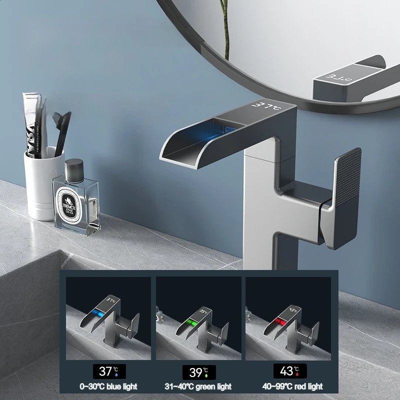 Basin style faucet waterfall LED light temperature digital display 360 degree rotating and cold water sink mixer bathroom wash face 240830