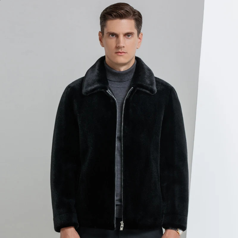 YN-217 autumn and winter natural mink wool thick coat mens high-end leather coat fashionable casual polo neck jacket 240830