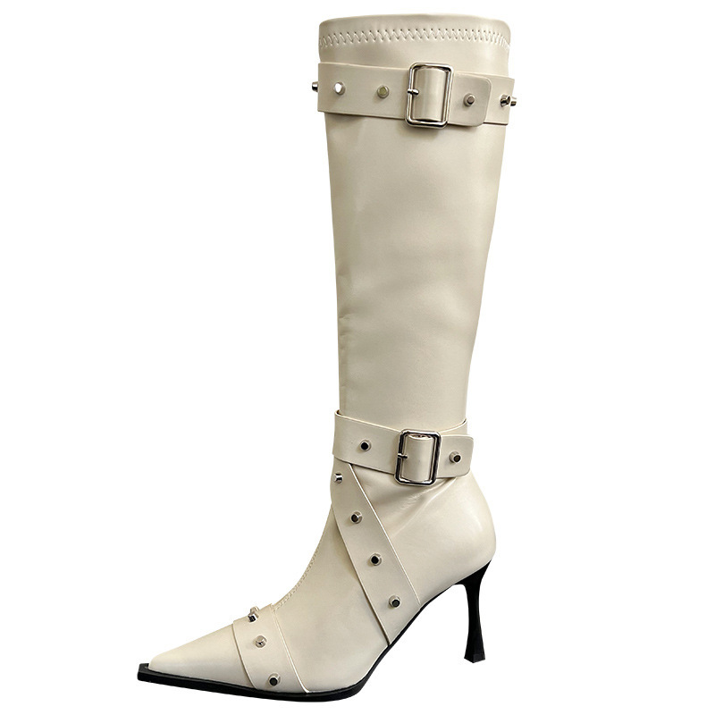 Women's soft leather pointed high-heeled long boots