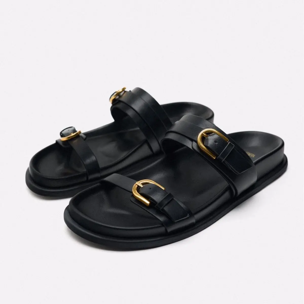 2024 Women's Metal Buckle Sandals Woman Black Flat Sgback Female Summer Straps Round Toe Shoes 404