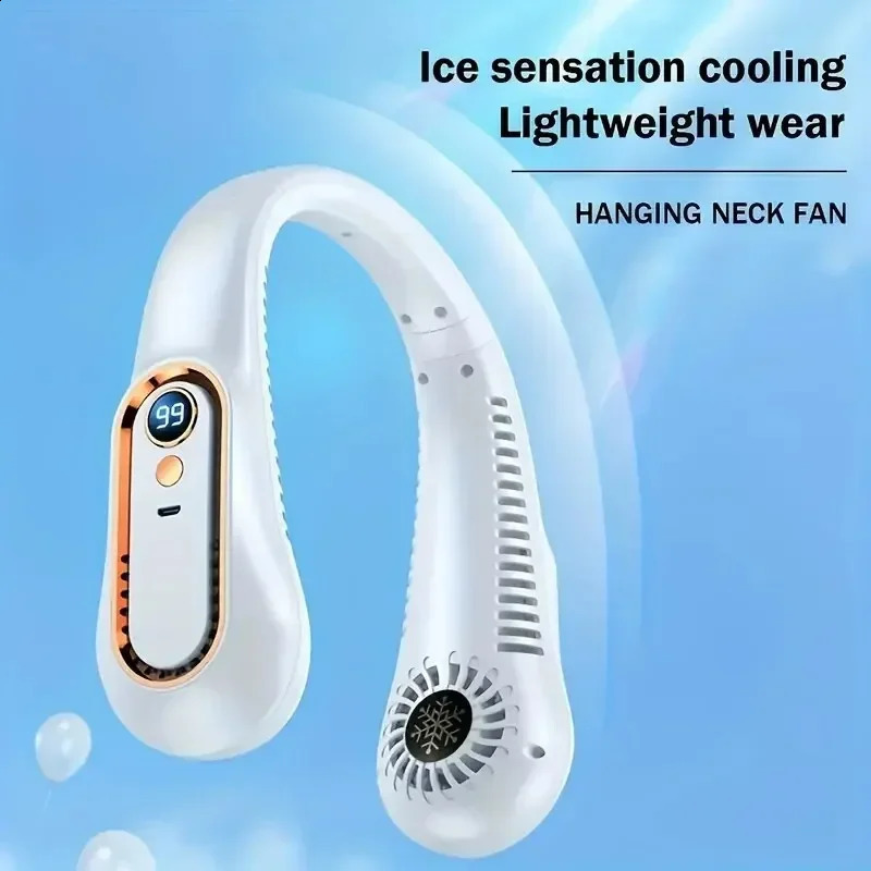 Neck Bladeless Fan Mini Ultra Long Life Portable Lazy Silent Usb Charging Student Sports Office Digital Display Power 5 Gear 240830