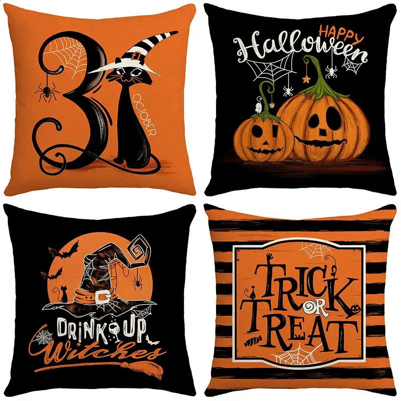 45Cm Halloween Pillowcase Home Decorative Sofa Cushion Covers Pumpkin Cat Witch Hat Printed Throw Pillow Cover 240830