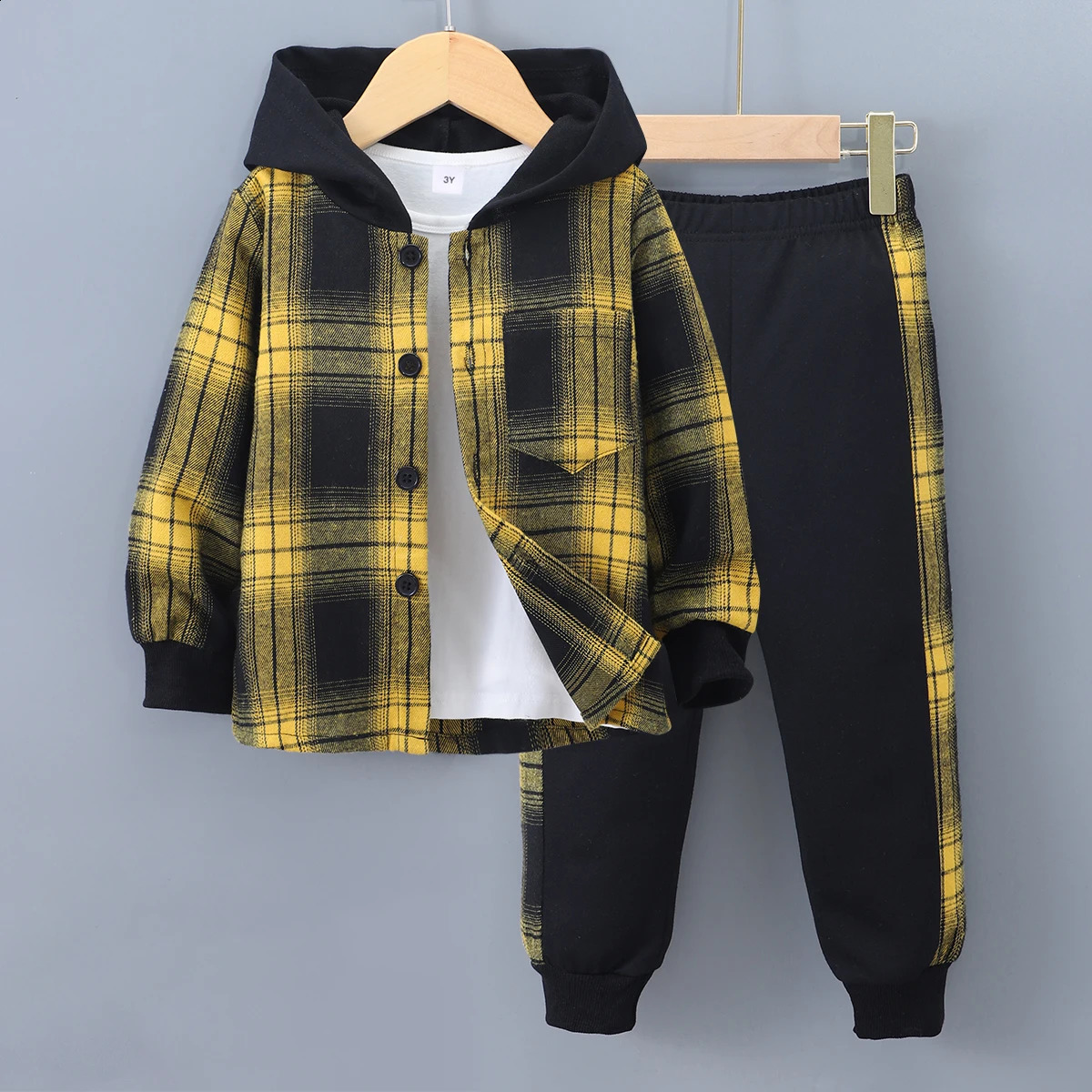 2024 Spring Winter Kids Boy 2-Piece Cotton Casual Simple Long Sleeve Hooded Coat Checkered Childrens Suit 3 4 5 6 7 Years Old 250117