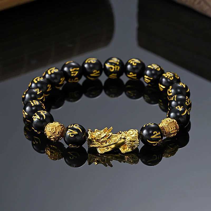 Feng Shui Obi Sidia Stone Bead Bracelet for Men and Women Gold Pixiu Black Six Character Proof of Wealth and Good Luck W241231