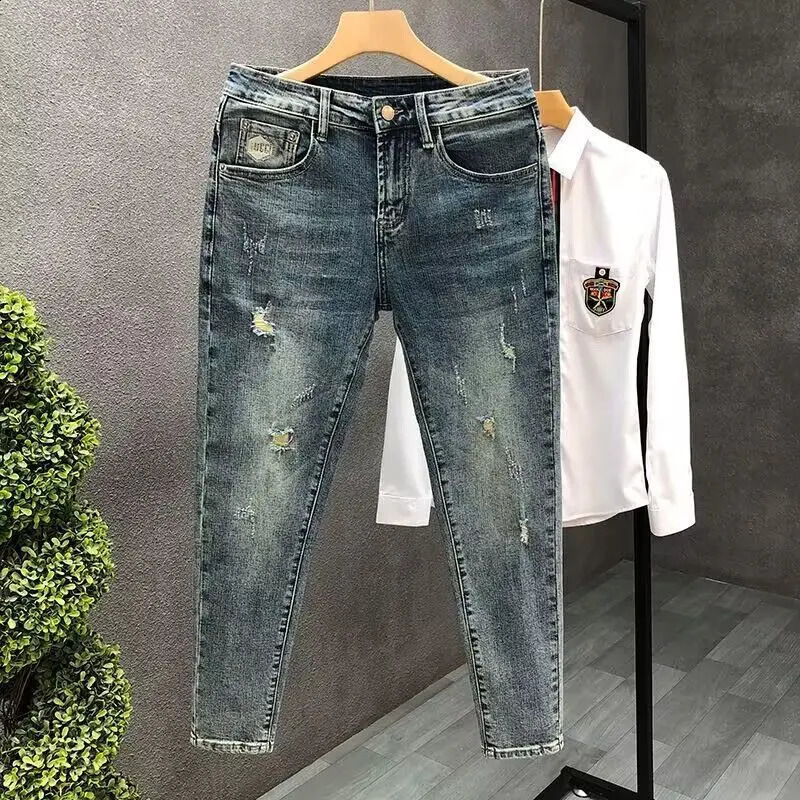 Korean y clothing mens slim fit open top casual jeans Spring and Autumn retro tight 240830