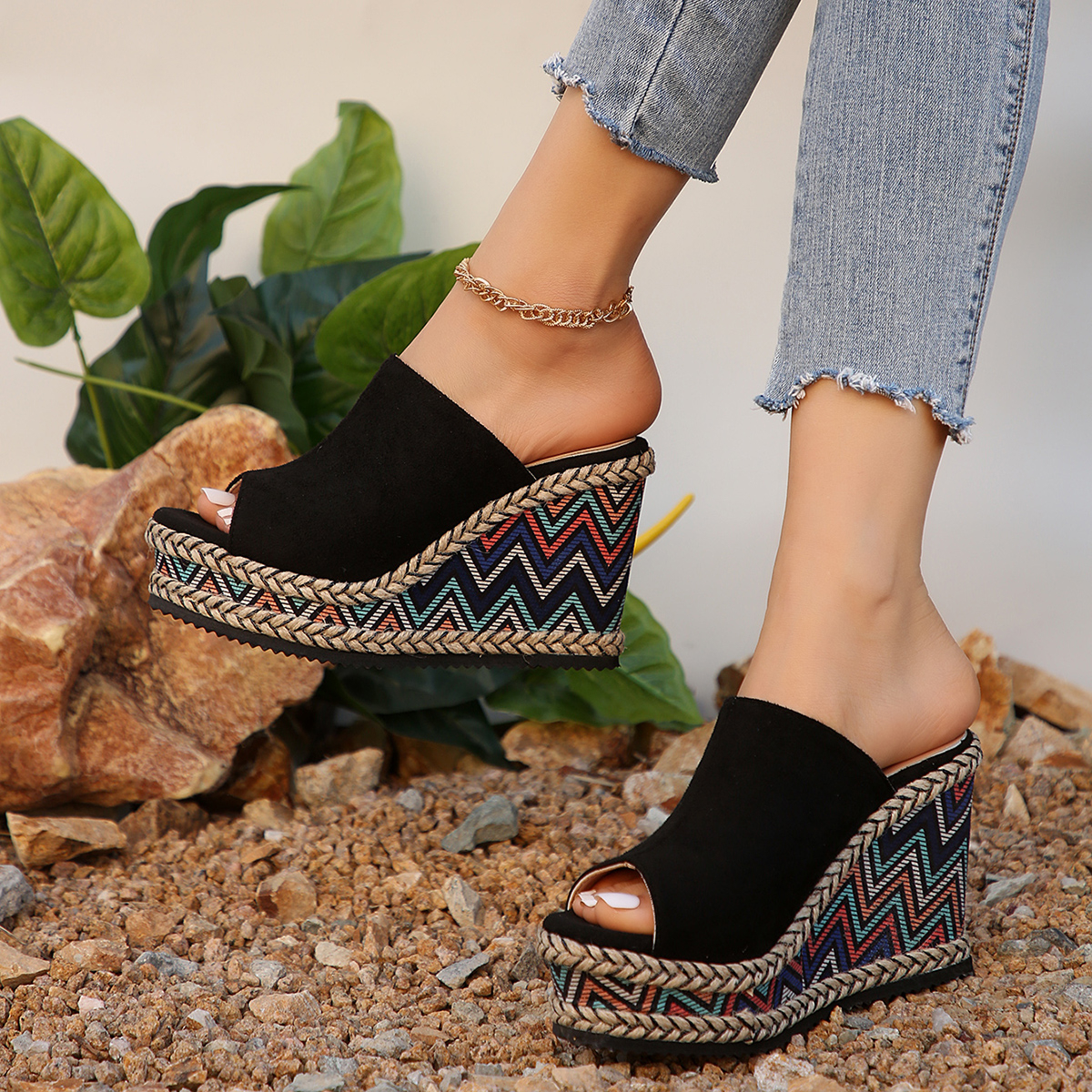 Summer Large Size Women's Sandals House Slippers Wedge Platform Slides Fashion Peep Toe Women Heels Luxury Rome PU Cotton Fabric