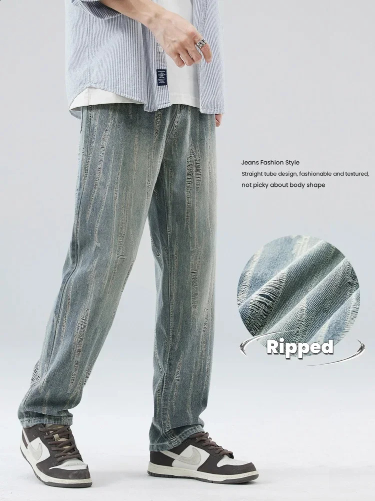 Mens Ripped Jeans Streetwear Vintage Straight Baggy Pants Casual Hole Wide Frayed Fashion Denim Trousers Male Clothes 240826Z