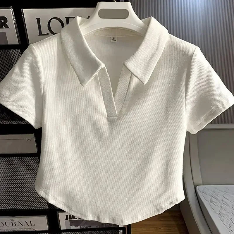Loves Embroidery Tshirt Polo Collar Orthoshoulder Slim sweet Womens Crop Top Korean Fashion tie Simple Casual Wholesale 240830