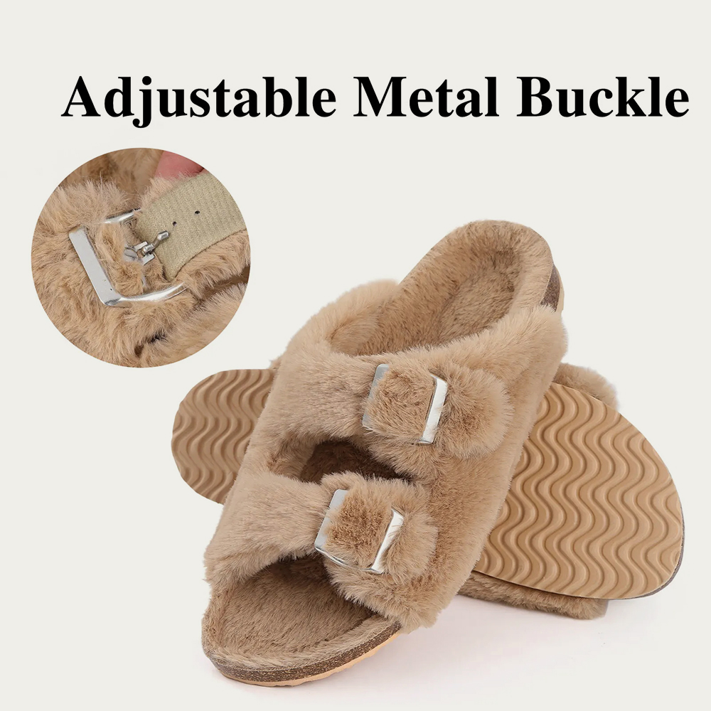 Comwarm Women's Fur Clogs Fuzzy Cork Footbed Mules Men Fashion Suede Flats Slippers Slip On Winter Potato Shoes