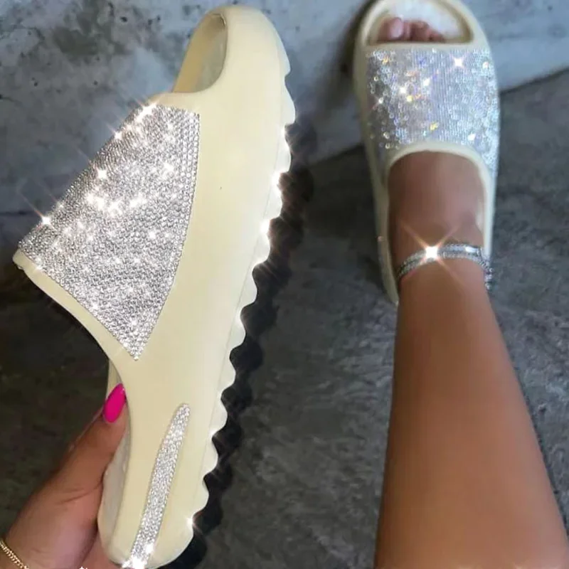 Women Slides Fashion Platform Rhinestone Decor Slide Sandals Outdoor Non-slip Beach Sandals 2024 Summer New Women Slippers