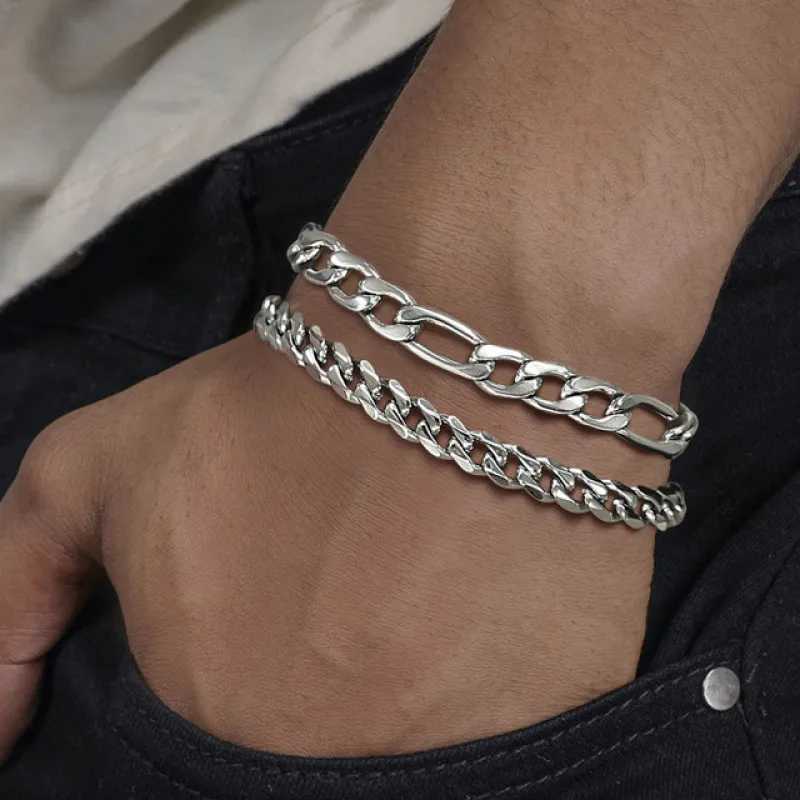 HONGTONG Basic Mens Cuban Twisted Rope Bracelet 2-piece Set Gold Stainless Steel Figaro Wheat Chain W240830
