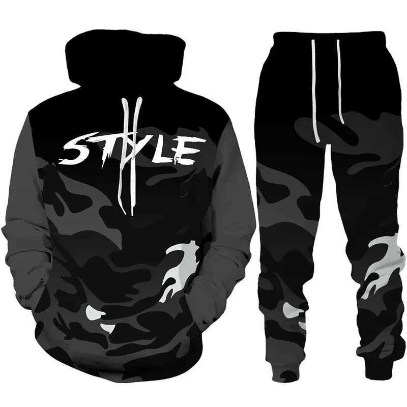 Men's Tracksuits 2024 new camouflage hooded pants set 3D printed casual mens high-quality track and field suit set fashion mens clothing 2-piece 