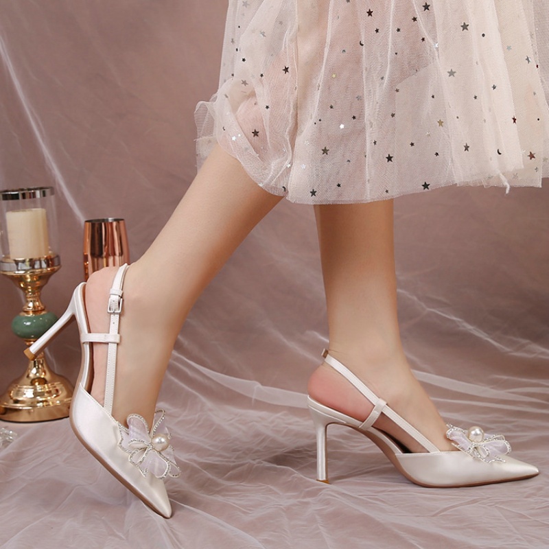 White 2024 New Butterfly-knot Wedding Satin High Heels Women New Bridal Shoes Fairy Wind 9cc2