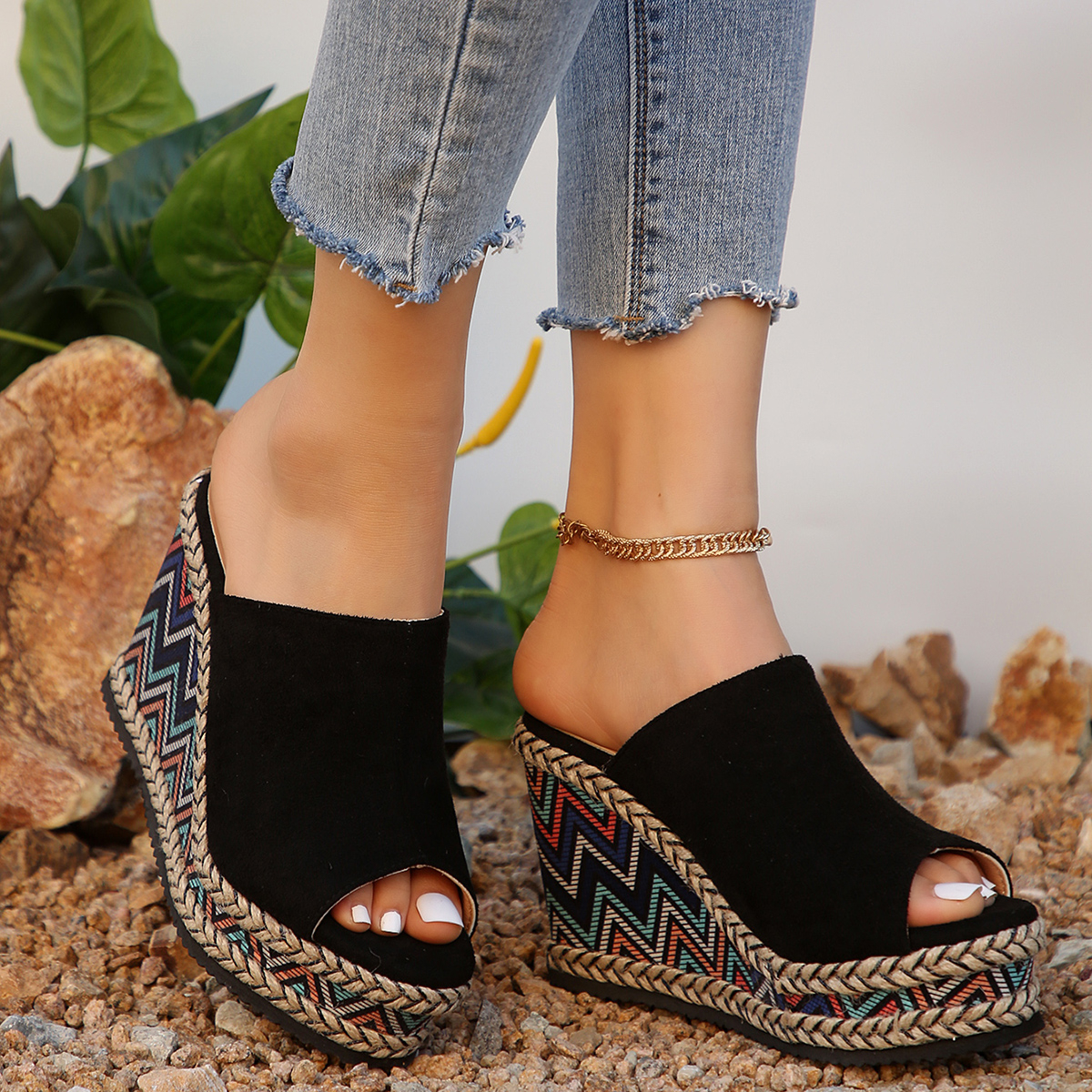 Summer Large Size Women's Sandals House Slippers Wedge Platform Slides Fashion Peep Toe Women Heels Luxury Rome PU Cotton Fabric