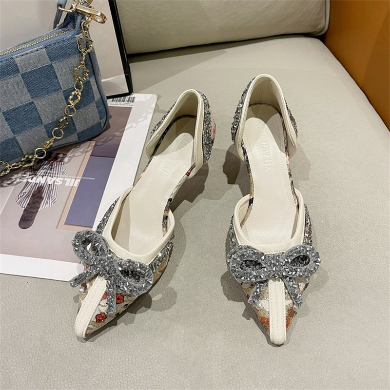 Crystal Pearl Bowtie White Wedding Women 2023 Autumn Brand Designer High Heels Pumps Woman Thin Heeled Party Shoes fb65