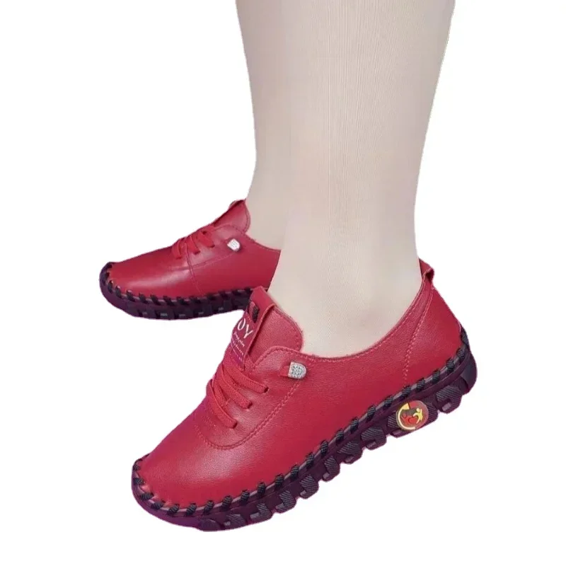 2025 NEW Vintage Women Breathable Shoes Platform Loafers Lace Up Leather Hollow Slip On New Fashion Casual Mom Shoe atos Mujer