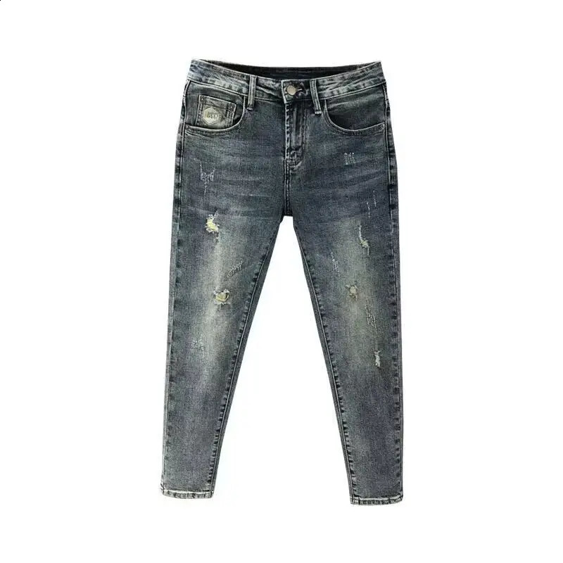 Korean y clothing mens slim fit open top casual jeans Spring and Autumn retro tight 240830