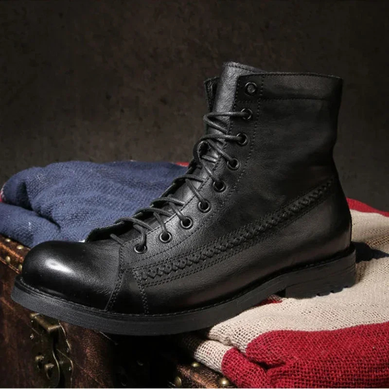 Men Platform Motorcycle Booties Casual High-top Shoes Retro Men Leather Boots Solid Color Lace Up Ankle Boots Autumn Winter 240830