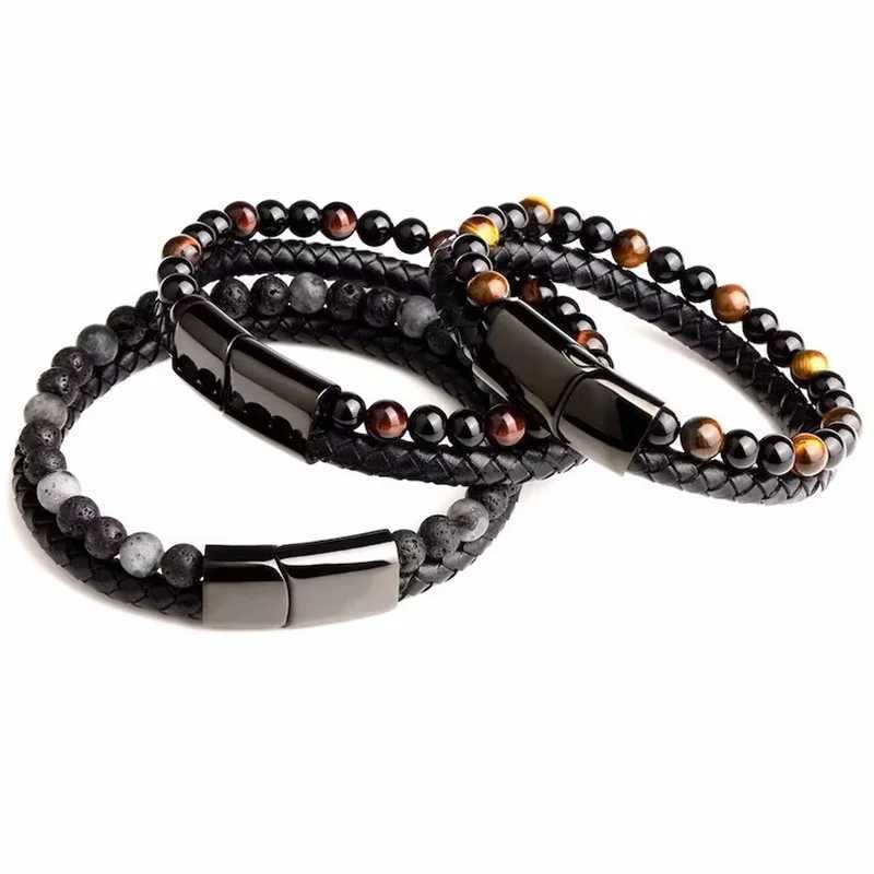 Bilayer Charm Natural Tiger Eye Stone 8mm Bead Bracelet Womens Leather Rope 21cm 23cm Mens DIY Fashion Jewelry Bracelet W240830