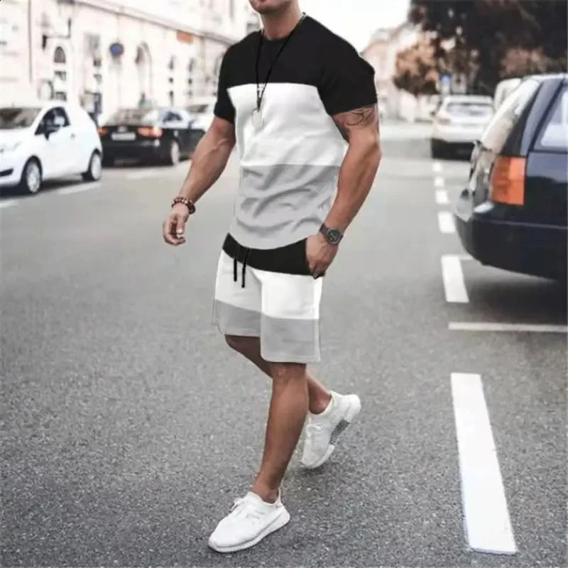 Striped Men Tracksuit Sets Fashion Casual Short Sleeve Tshirts 2 Piece Outfits Streetwear Jogger 3D Printed Sports Suit 240830