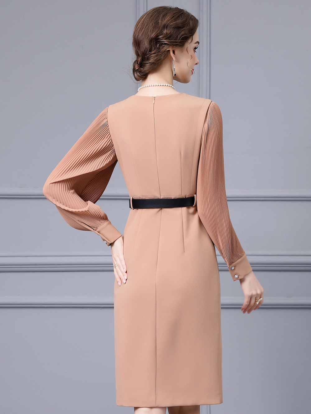 OC SB413N57 Basic Casual Dresses Autumn and Winter Pleated Long Sleeved Womens Dress Shirt Commuting Skirt Customization Medium Length