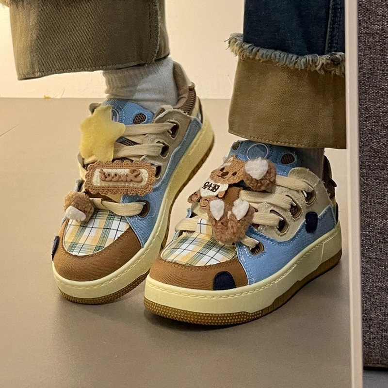 Women's teddy bear color denim patchwork retro casual board shoes