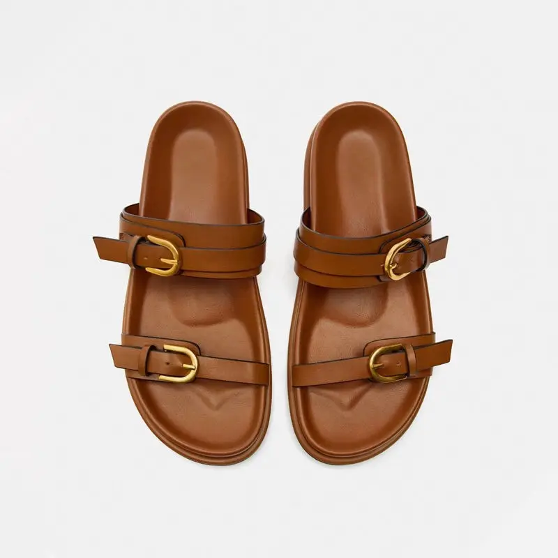 2024 Women's Metal Buckle Sandals Woman Black Flat Sgback Female Summer Straps Round Toe Shoes 404
