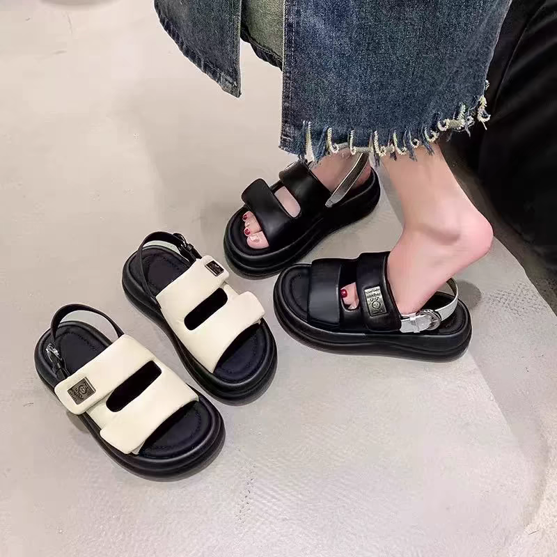 Summer Woman Wedge Heel Sports Sandals 2024 Metal Buckle Sandles Women Platform Non Slip Beach Sandalias Black White e993
