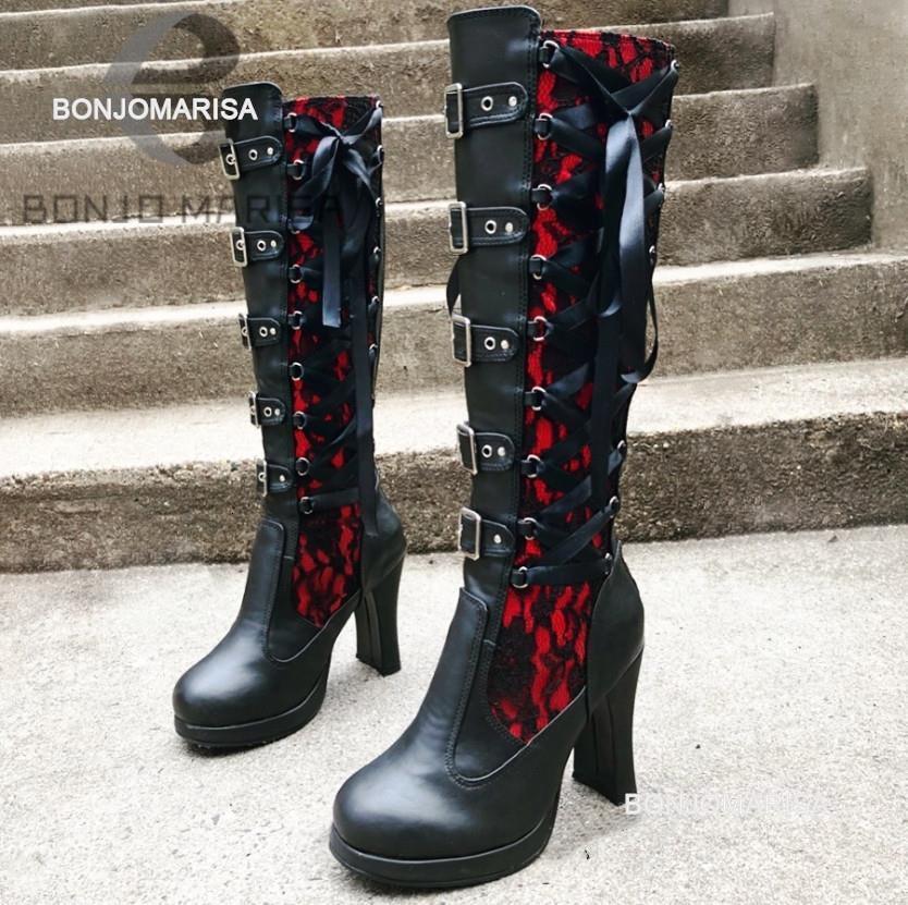 BONJOMA Platform For Women Lace Up Chunky High Heel Mid Calf Boots Narrow Band Bow Knot Goth Gothic Shoes Winter 2023