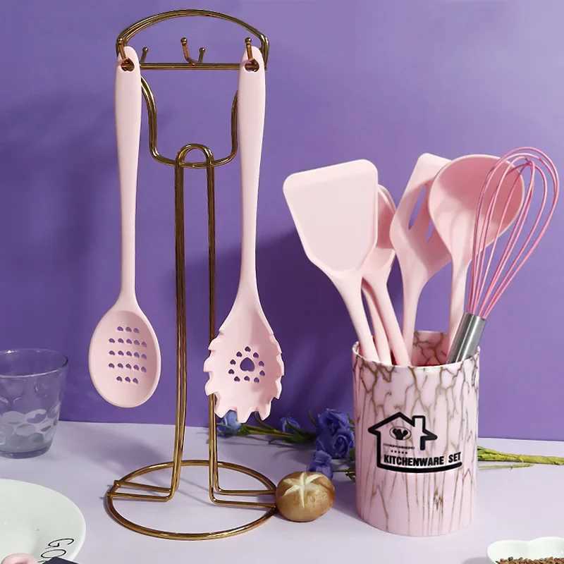 10/18 silicone cooking utensil set pink non stick baking tools kitchen utensils spatulas spoons food soup kitchen utensilsX240831