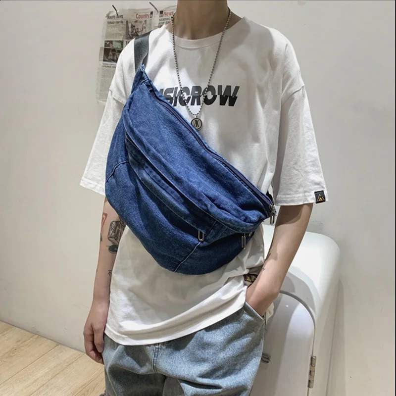 High quality Denim Waist Bag College Style Crossbody Chest Pack Casual Street Fanny Unisex Shoulder Teenager Bags 240830Z