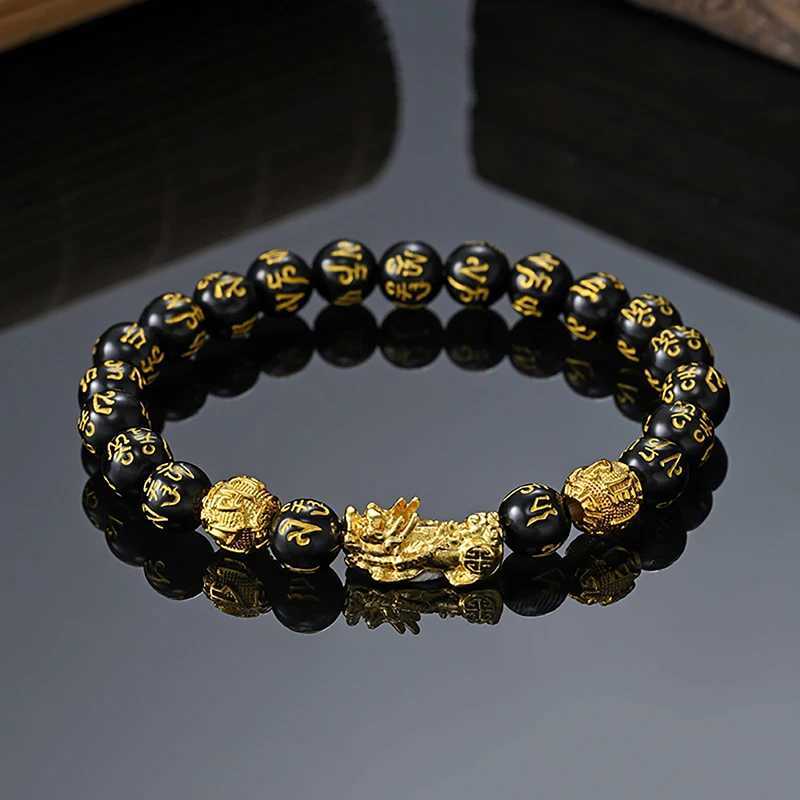 Feng Shui Obi Sidia Stone Bead Bracelet for Men and Women Gold Pixiu Black Six Character Proof of Wealth and Good Luck W241231