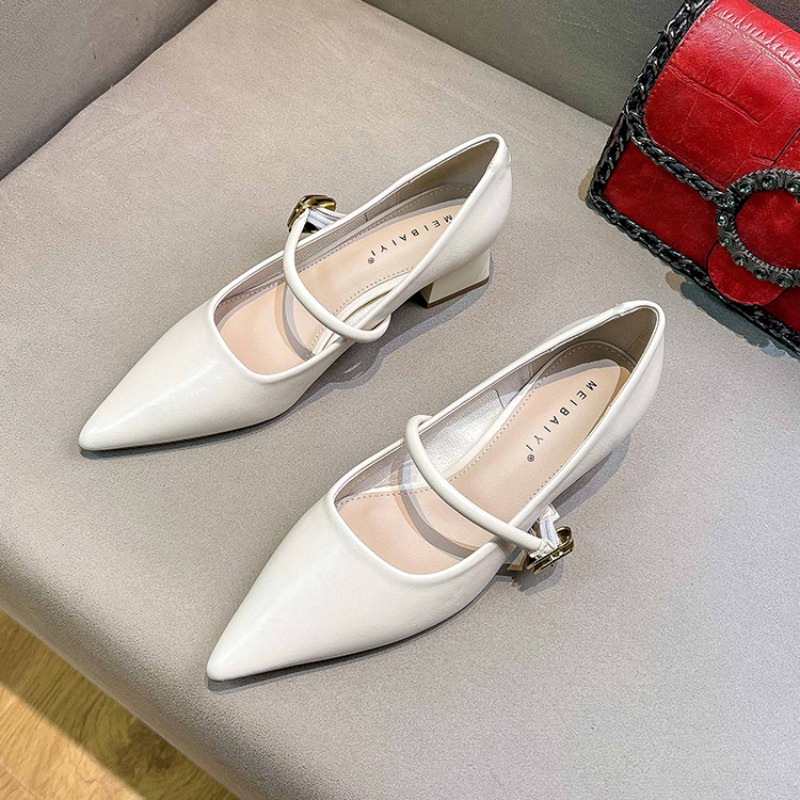2024 Woman Elegant Summer French Pointed Toe Mary Janes Casual Chunky Heels Female Retro Low Heeled New Women Shoes Q130