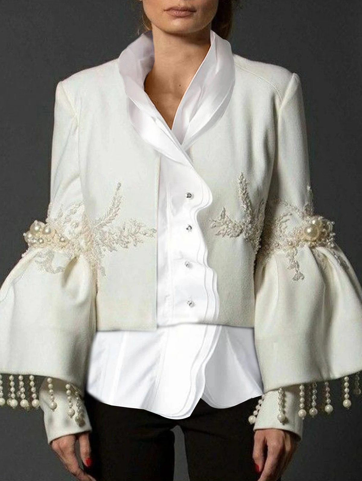 Vintage and elegant stand up collar jacket womens spring pearl trim decoration embroidered flange sleeves party coat evening gown 240830