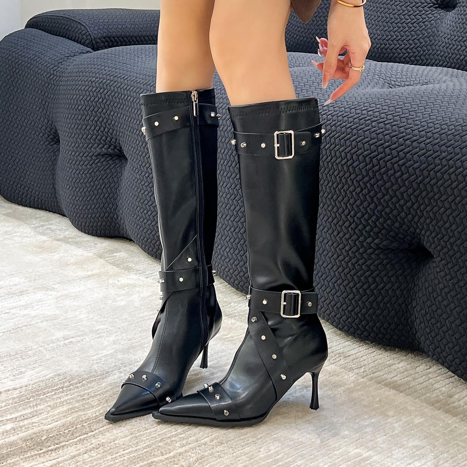 Women's soft leather pointed high-heeled long boots