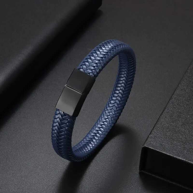 Simple style mens handmade leather bracelet black high-quality metal buckle fashionable casual wristband gift W240830