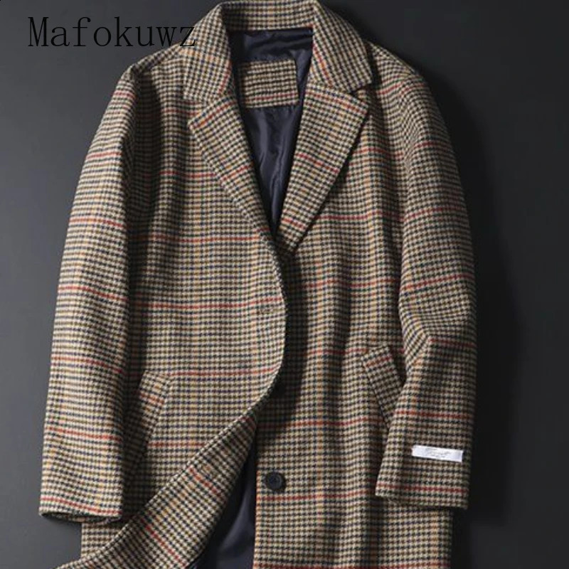 Autumn Winter Retro British Style Mid-length Plaid Woolen Coat Fashionable Loose Casual High Street Windbreakers Male Clothes 240830
