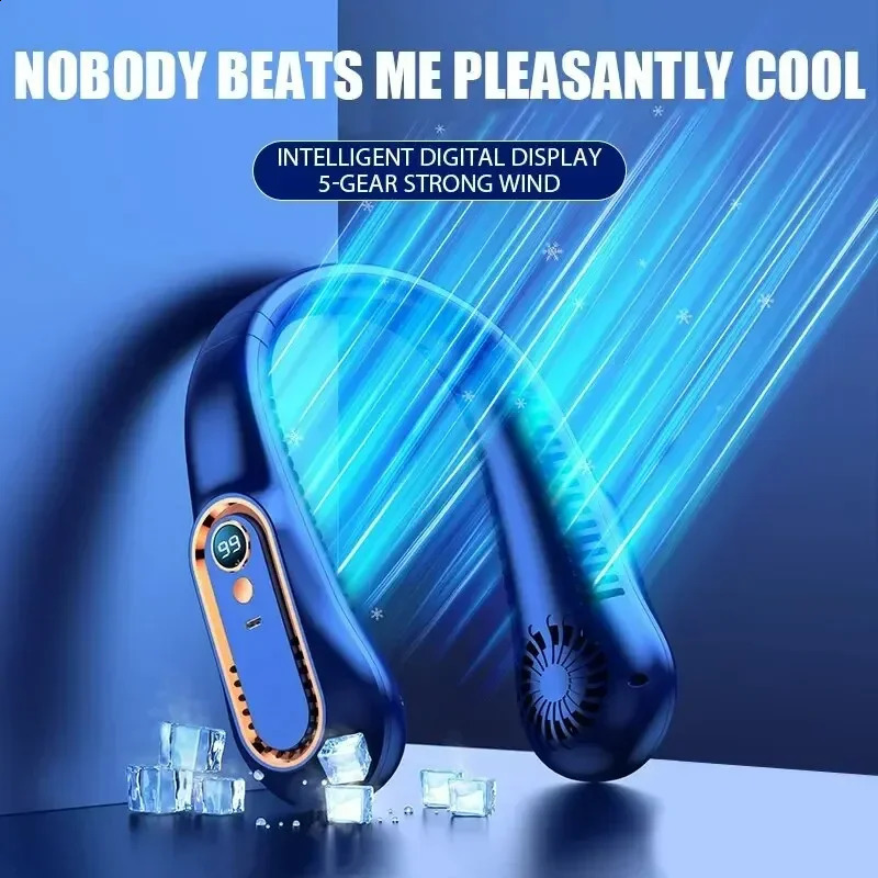 Neck Bladeless Fan Mini Ultra Long Life Portable Lazy Silent Usb Charging Student Sports Office Digital Display Power 5 Gear 240830