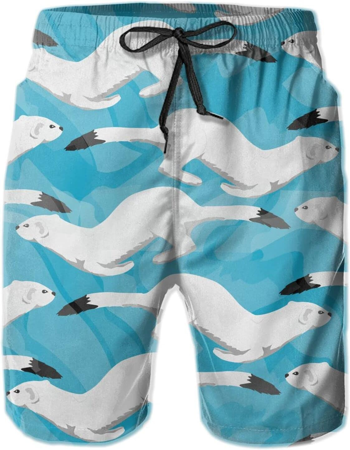 Mens Shorts 3D Printed Pattern White Ferret Swim Trunks Quick Dry Stylish Beach Board Swimwear