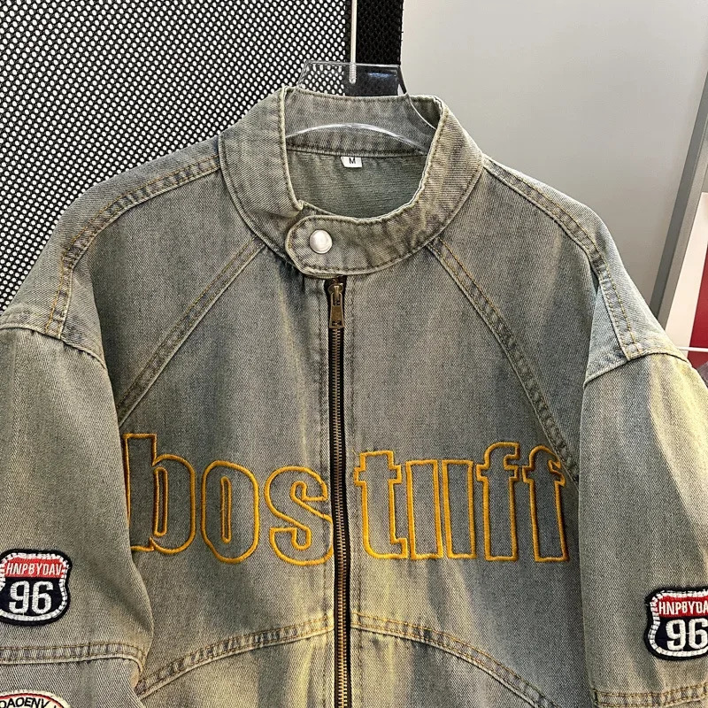 Trendy High Street Denim Jacket Loose Fit Vintage Motorcycle Dirt Colorful Letter Printed Jacket Casual Street Style For Men 240830