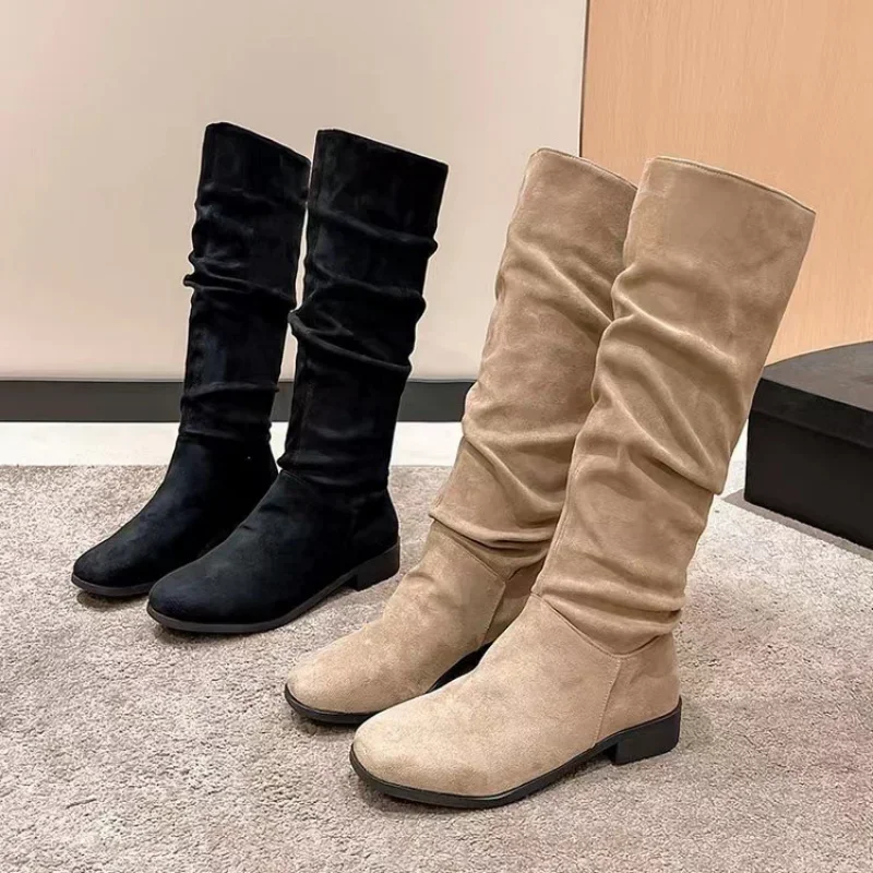 Pleated Women Female Faux Suede Knee High Boots Ladies Autumn Winter Fashion Slip on Square Low Heel Knight Booties Mujer 1b2e