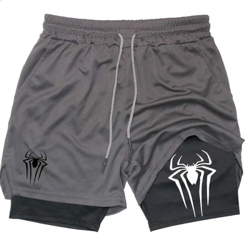 Mens spider print gym casual sports compression shorts run mesh 2in1 men clothing streetwear pants 240830