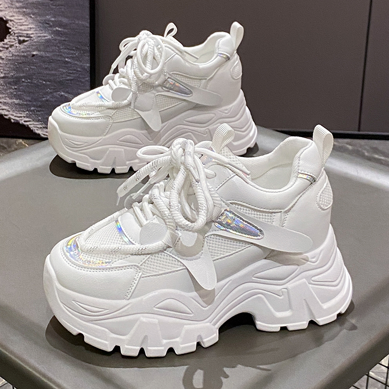 Women's Fashion White Chunky Sneakers Thick Bottom Lace Up Vulcanized Shoes Woman Non Slip Platform Sports Shoes for Lady