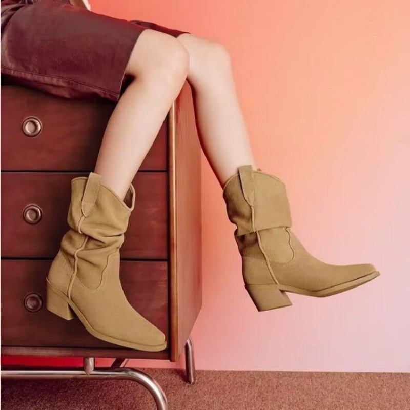 Ankle 2024 for Pointed Toe Behind Retro Style Chunky Heels Western Fashion Women Short Boots D193 8210