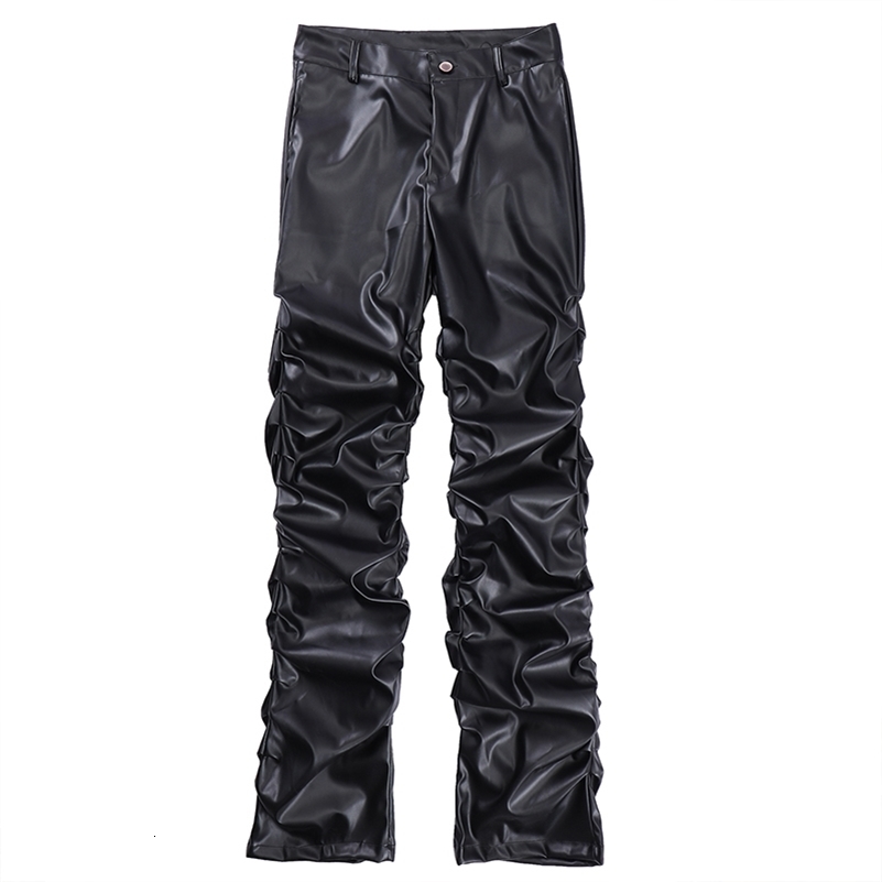 Hip Hop Mens Pleated Pu Leather Pants Harajuku Retro Streetwear Loose Ruched Casual Trousers Straight Solid Color Black Pants 240830
