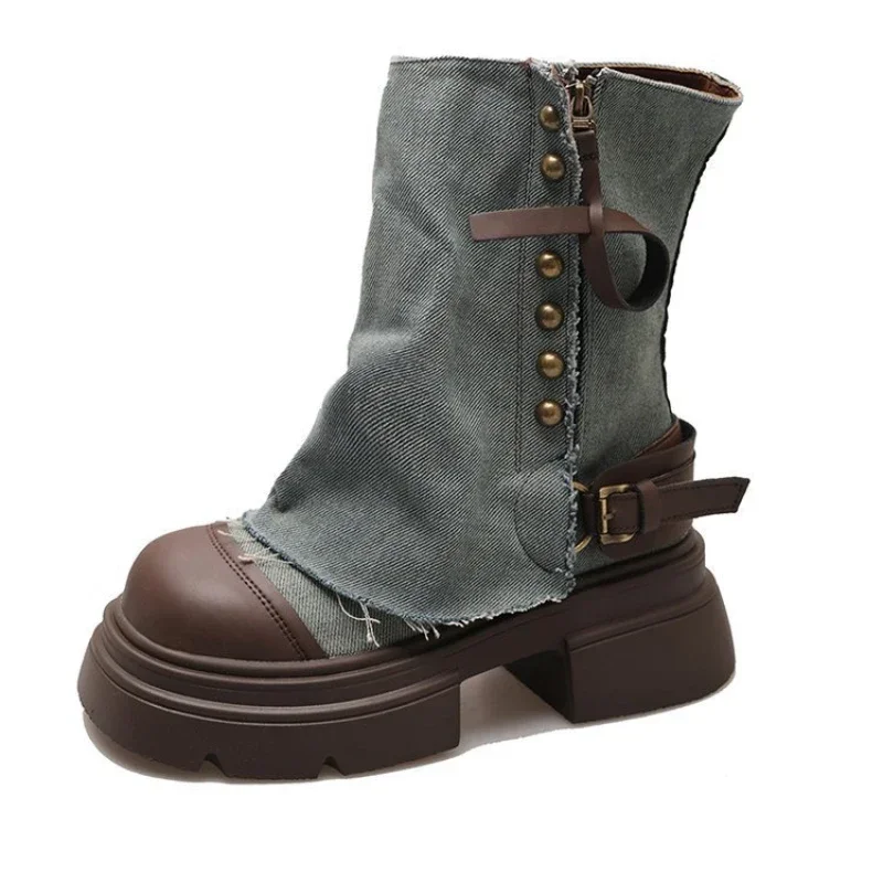 Designer Women Western Denim Short Rivet Ankle Boots Fashion Slip on Thick Bottom Platform Shoes 2052 ac6f