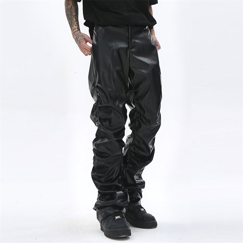 Hip Hop Mens Pleated Pu Leather Pants Harajuku Retro Streetwear Loose Ruched Casual Trousers Straight Solid Color Black Pants 240830