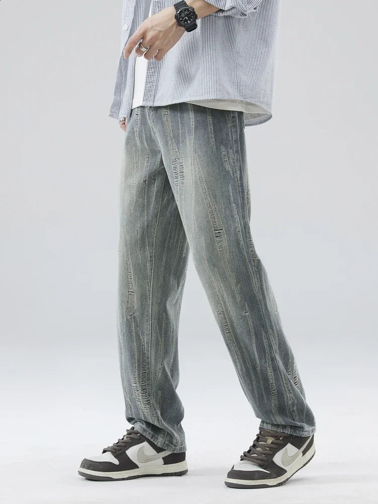 Mens Ripped Jeans Streetwear Vintage Straight Baggy Pants Casual Hole Wide Frayed Fashion Denim Trousers Male Clothes 240826Z