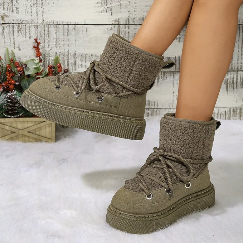 Cold-proof and Warm Winter Ladies Shoes 2024 New Lace Up Design Women’s Platform Boots Waterproof Anti-slip Fashion Short Boots